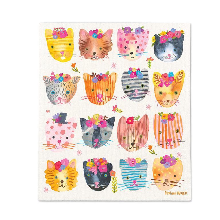 Chiffonnette ou essuie-tout réutilisable (linge suédois) blanc cassé orné d'une grille de seize têtes de chats colorées et fleuries, illustrées par Stephanie Bauer.