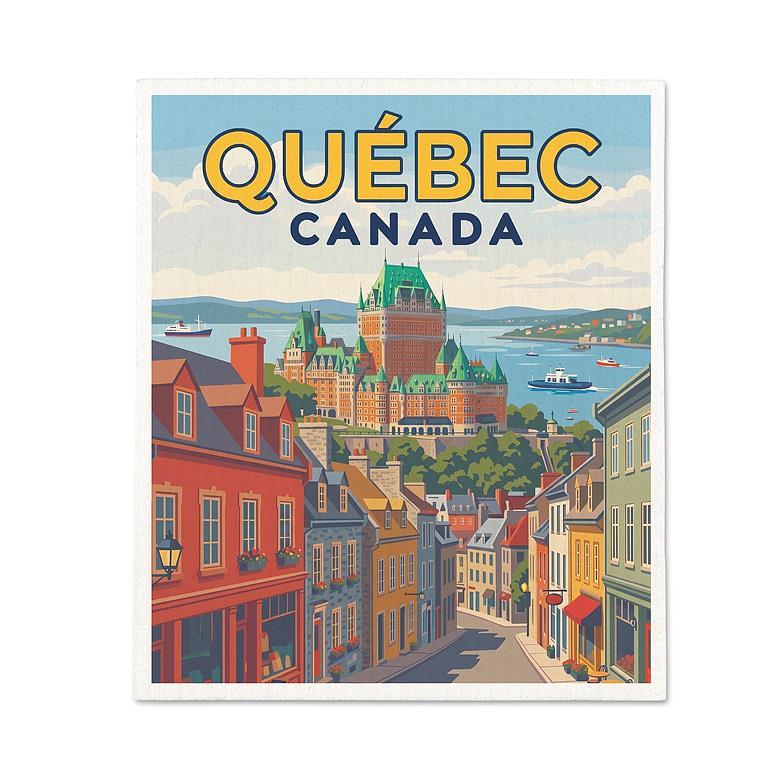 Linge suédois réutilisable illustrée dans le style d'une affiche touristique rétro de Québec, Canada, montrant le Château Frontenac et une rue historique du Vieux-Québec.