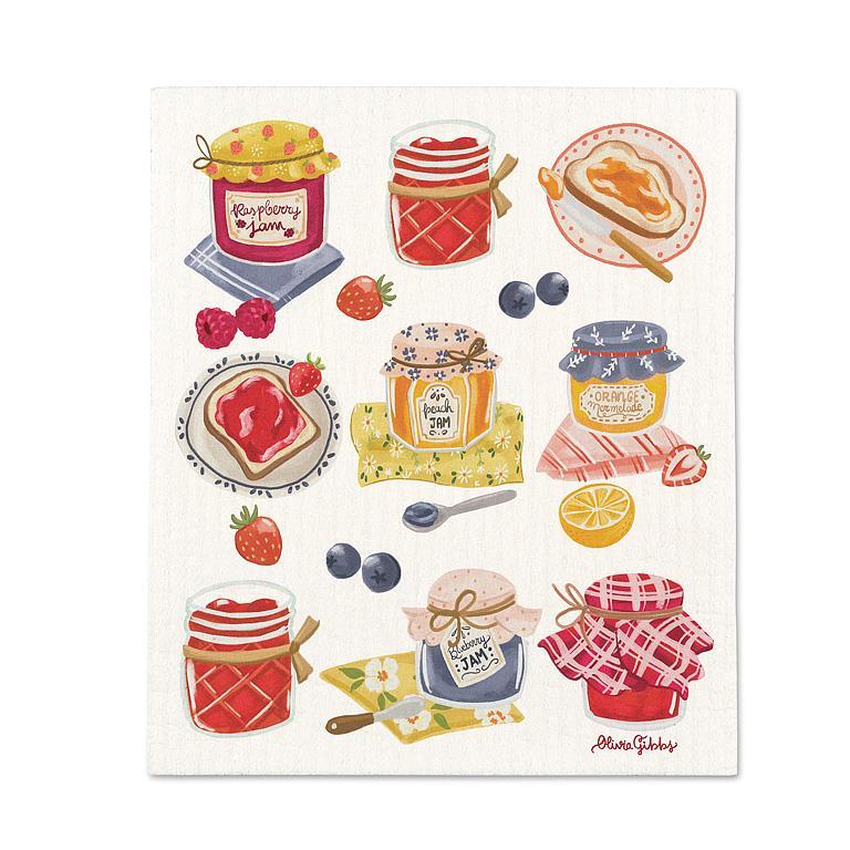 Linge suédois réutilisable ornée d'illustrations de pots de confiture artisanale, de tartines et de petits fruits frais, signée Olivia Gibbs.