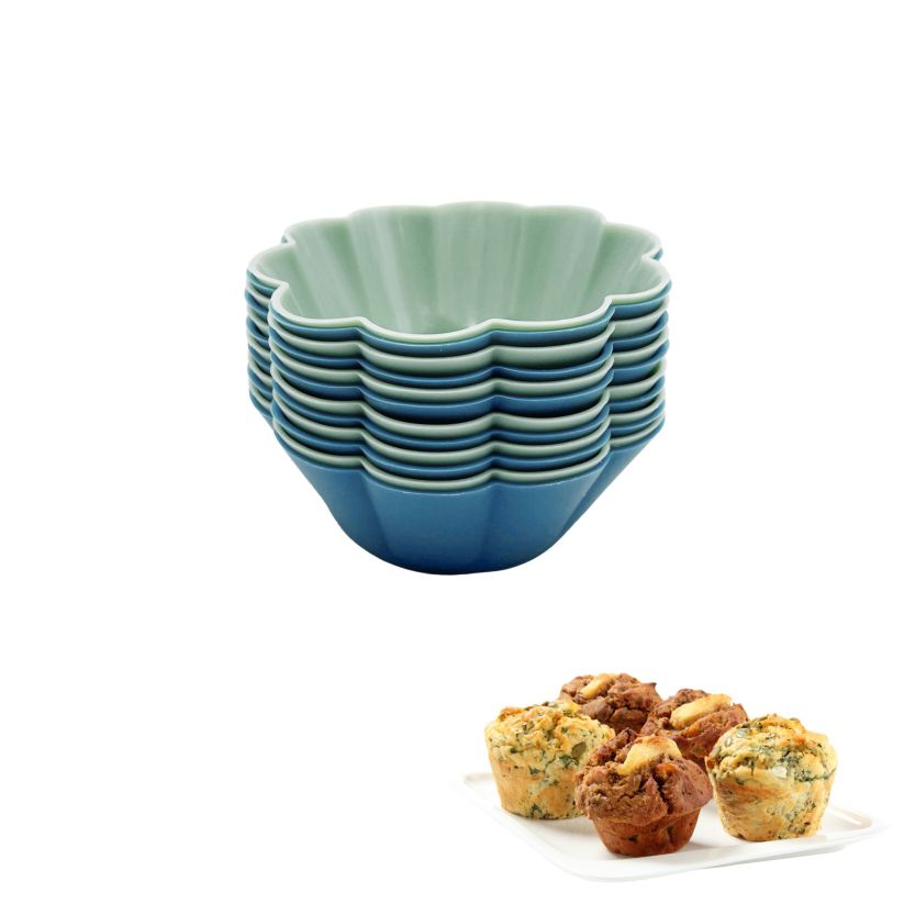 ENS. 12 MOULES A MUFFINS FLEURS EN SILICONE