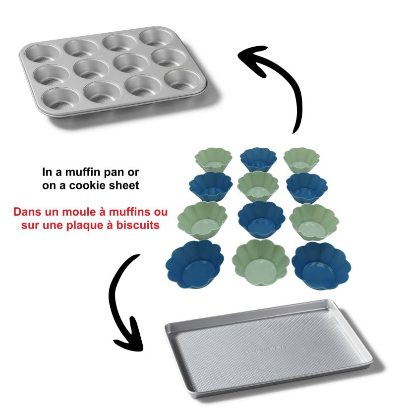 ENS. 12 MOULES A MUFFINS FLEURS EN SILICONE