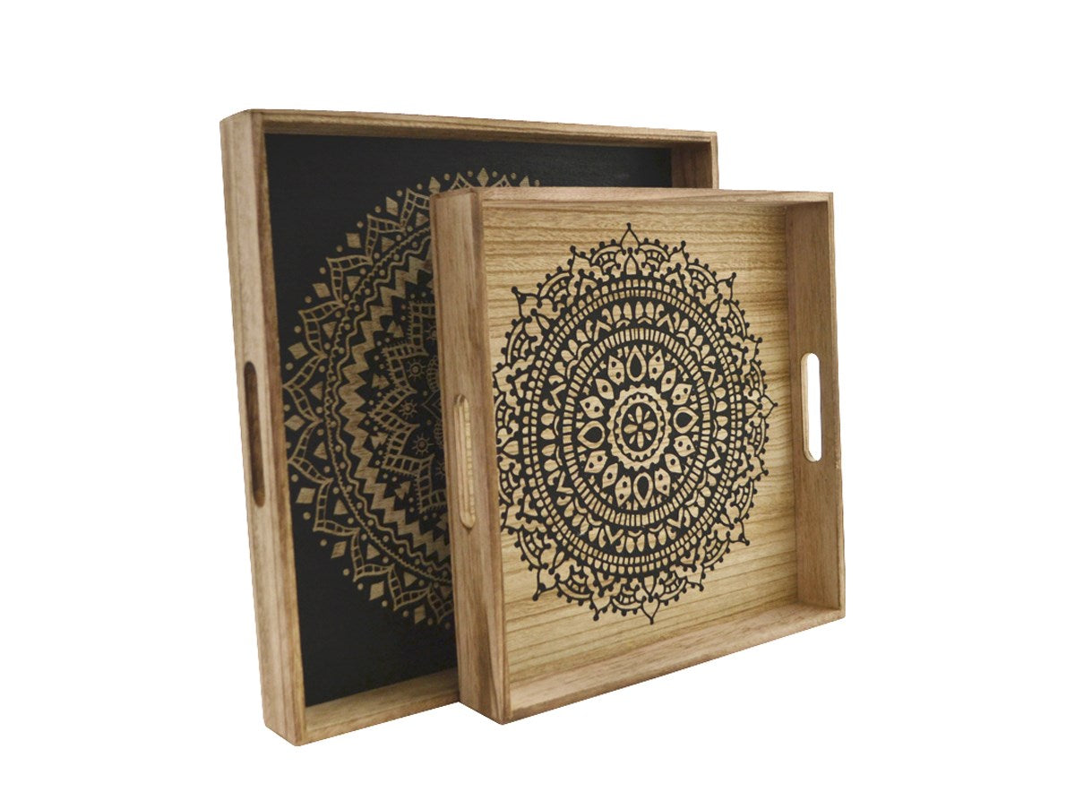PLATEAU EN BOIS AVEC IMAGE DE MANDALA 15.5''