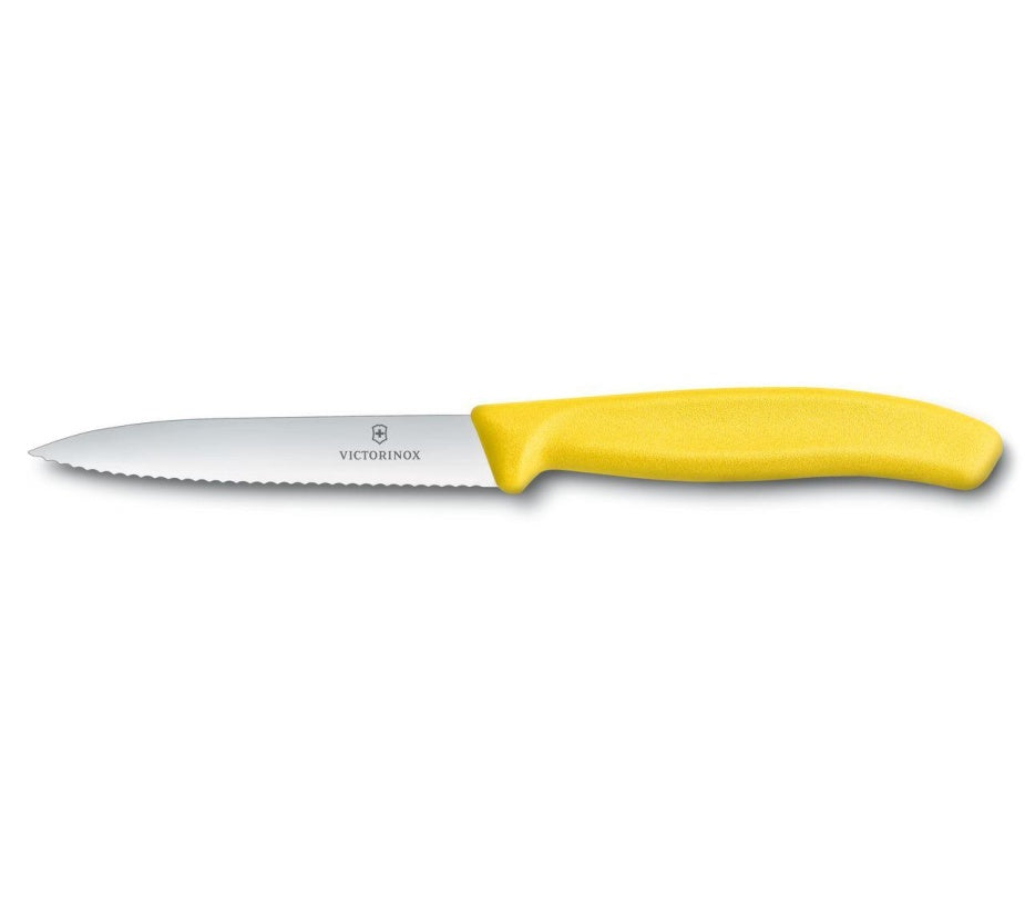 COUTEAU 4'' VICTORINOX DENTELÉ JAUNE BOUT POINTU