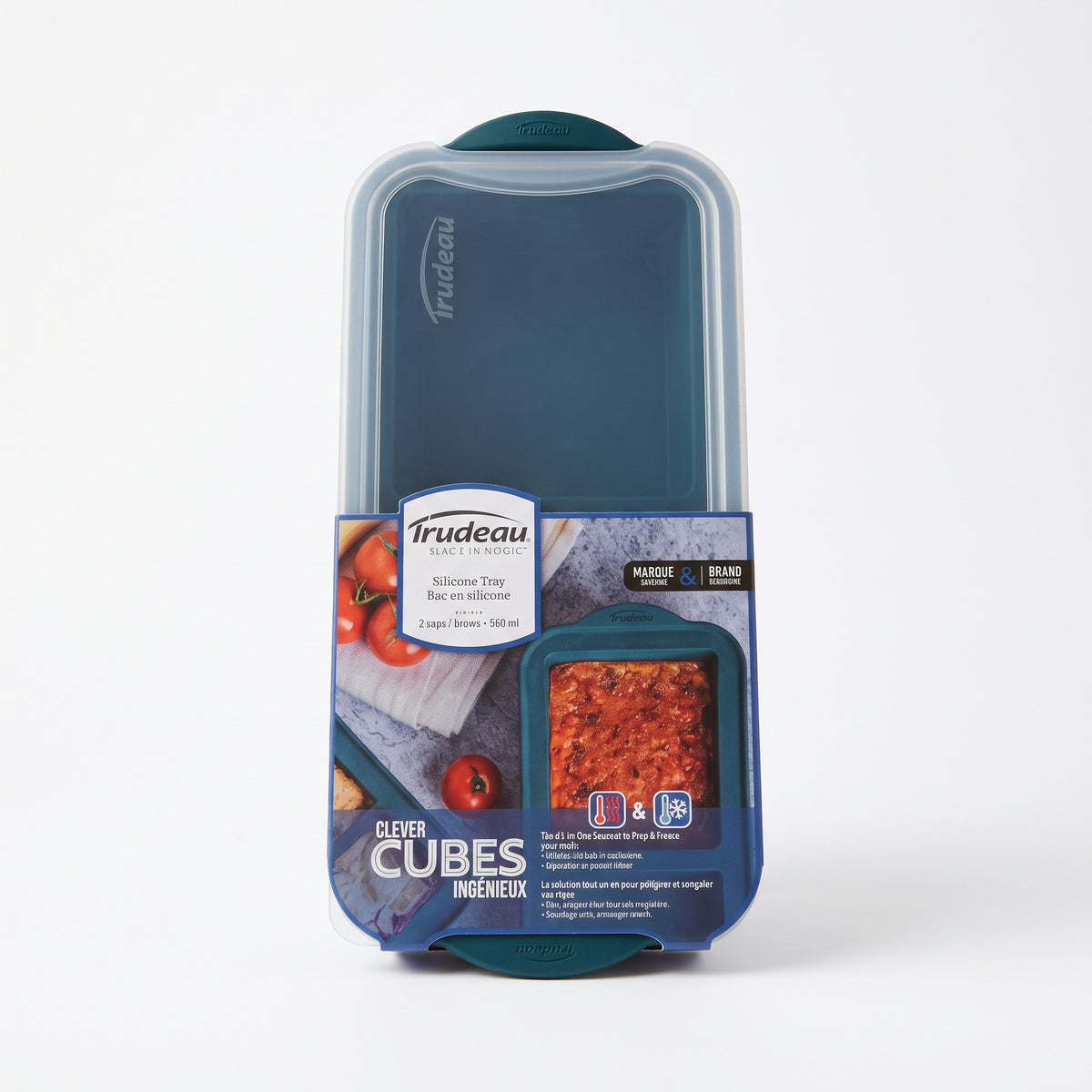 Bac de congélation Clever Cubes Trudeau en silicone sarcelle avec couvercle transparent, 2 tasses