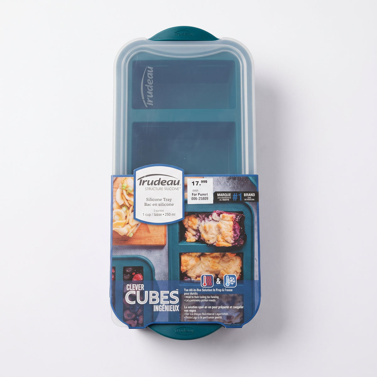 Bac de congélation Clever Cubes Trudeau en silicone sarcelle avec couvercle transparent, 1 tasse