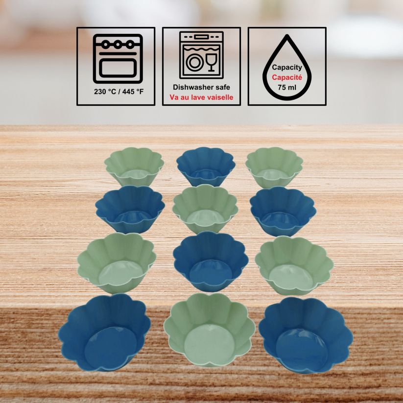 ENS. 12 MOULES A MUFFINS FLEURS EN SILICONE