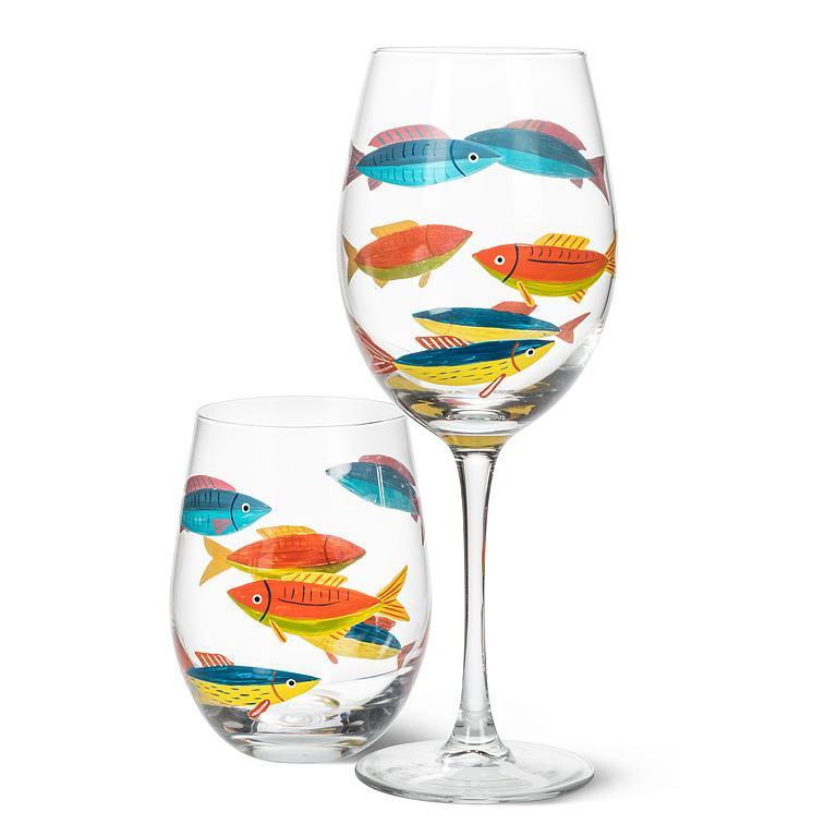 Duo de verres transparents comprenant un verre sans pied et un verre à pied assorti, décorés d'un banc de poissons colorés peints.
