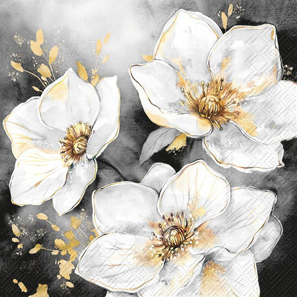 PQT 20 SERVIETTES PAPIER FLEURS BLANCHES SUR FOND NOIR ET OR