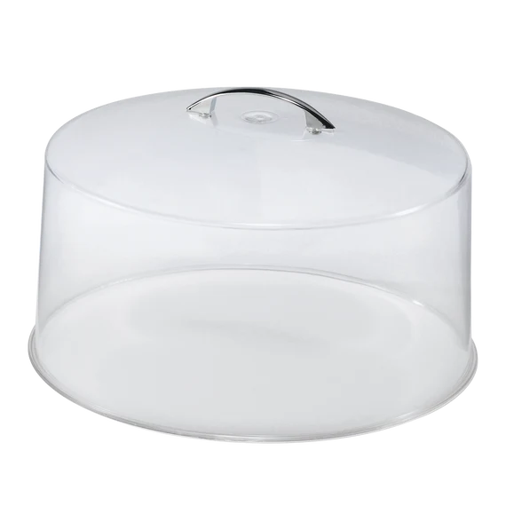 Cloche à gâteau transparente en plastique rigide avec poignée en métal chromé, pour la conservation et le service des pâtisseries ou fromages.
