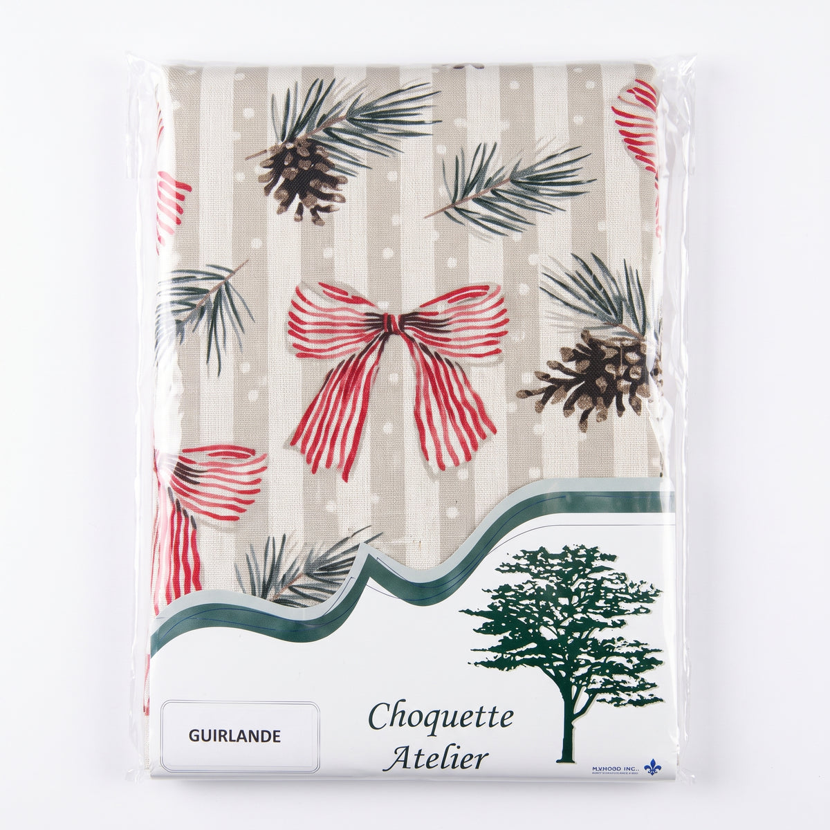 Nappe de fête pliée sous emballage plastique, marque Choquette Atelier, modèle Guirlande à rayures beiges ornée de nœuds rouges et blancs, de branches de pin et de pommes de pin.