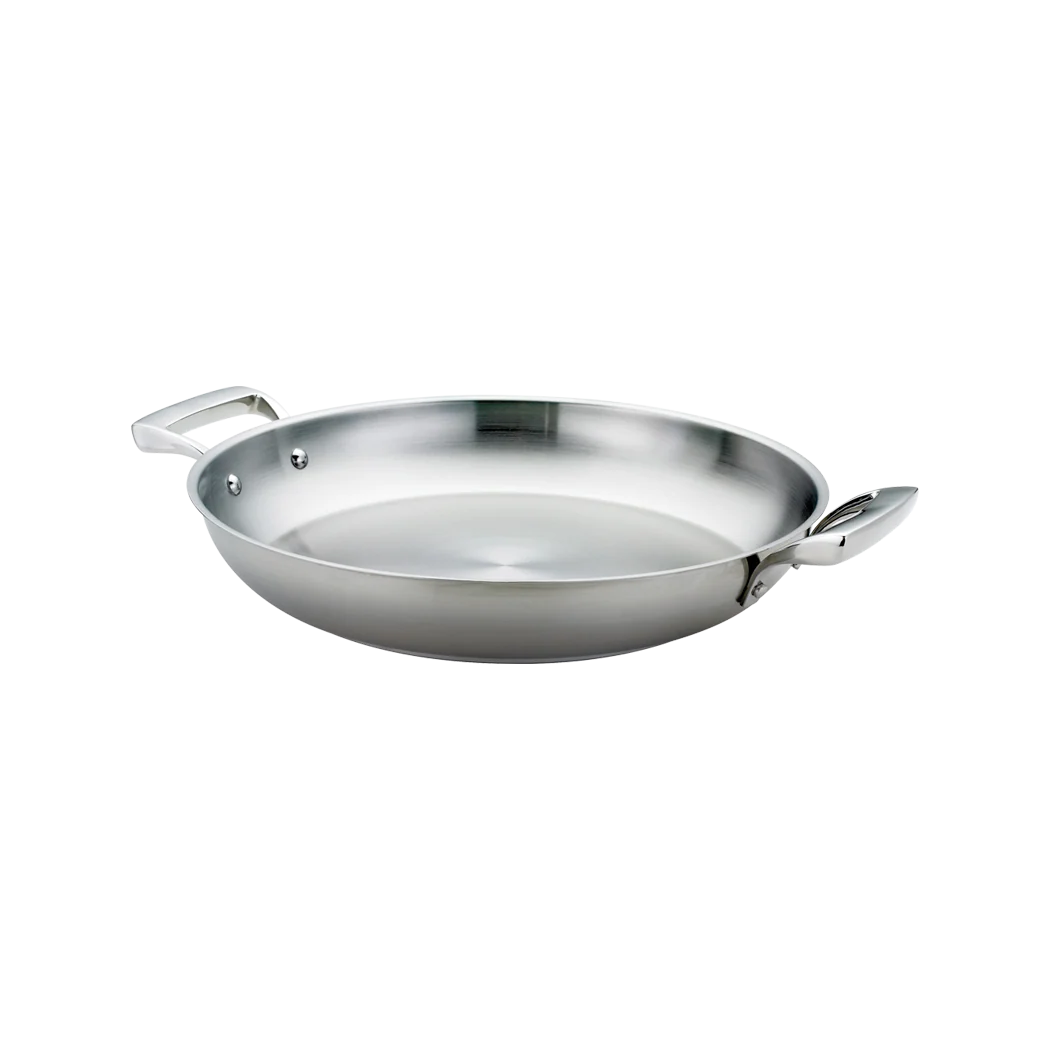 Poêle ronde en acier inoxydable de 3,5 L munie de deux anses latérales rivetées, sur fond clair, Thermalloy