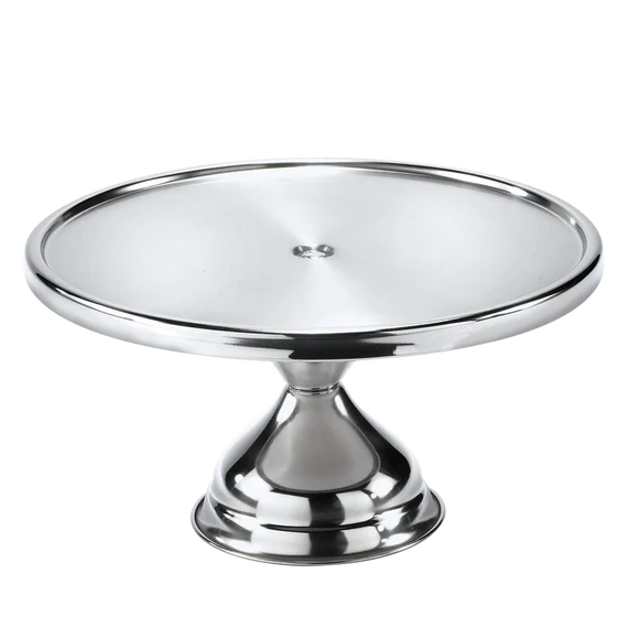 Plat de présentation sur pied en inox poli miroir, pour gâteaux, tartes et pièces montées.