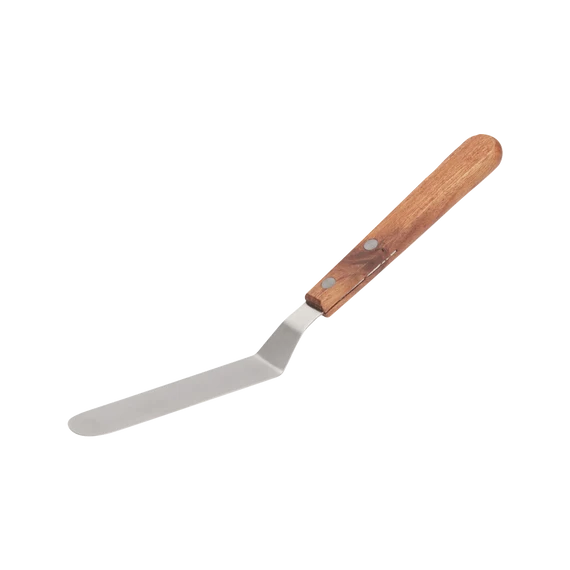 Spatule coudée de 3.5'' de pâtisserie avec lame flexible en acier inoxydable et manche en bois naturel avec rivets, idéale pour le glaçage des gâteaux.