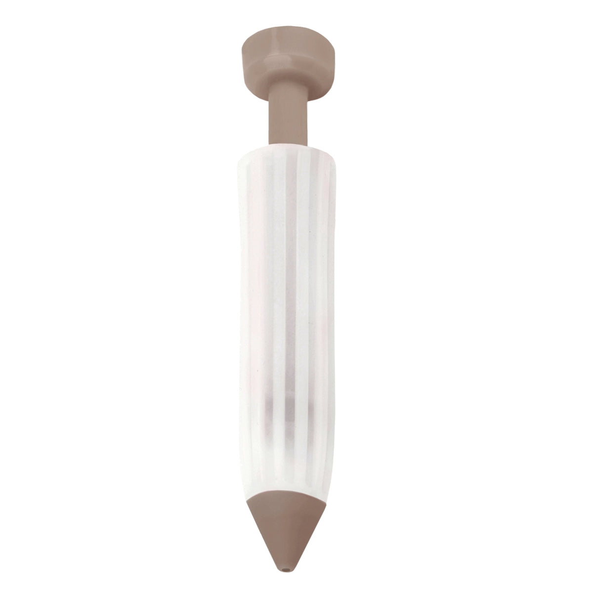 Stylo décorateur culinaire au corps cannelé blanc translucide avec embout d'écriture et poussoir beige taupe sur fond blanc, de la compagnie Danesco
