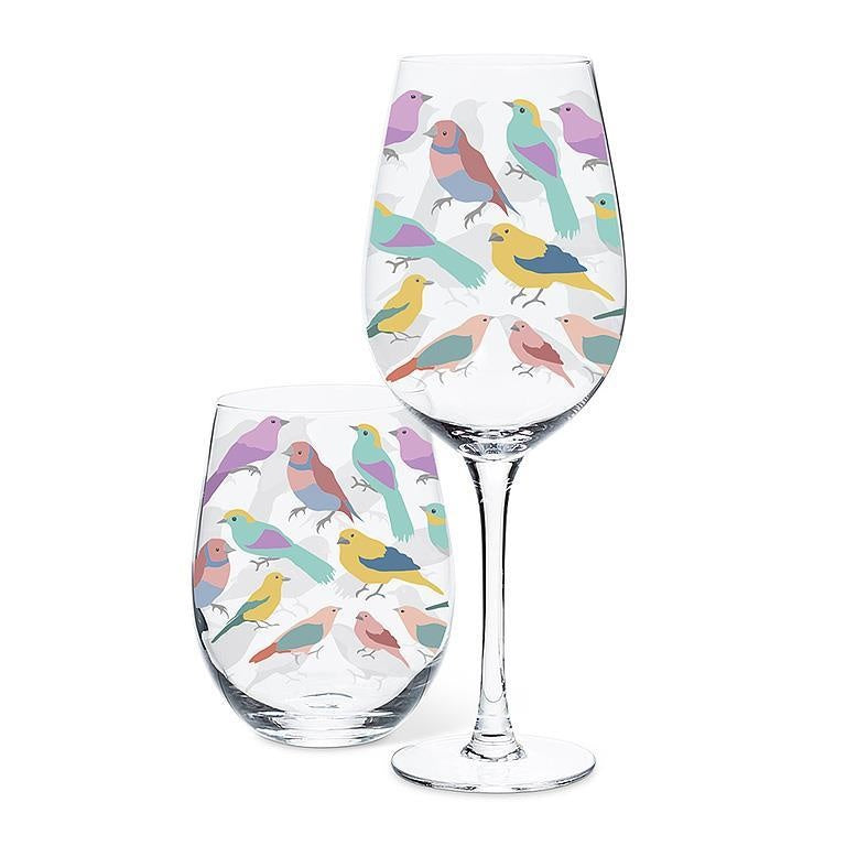 VERRE A VIN SANS PIED OISEAUX PASTELS 14OZ